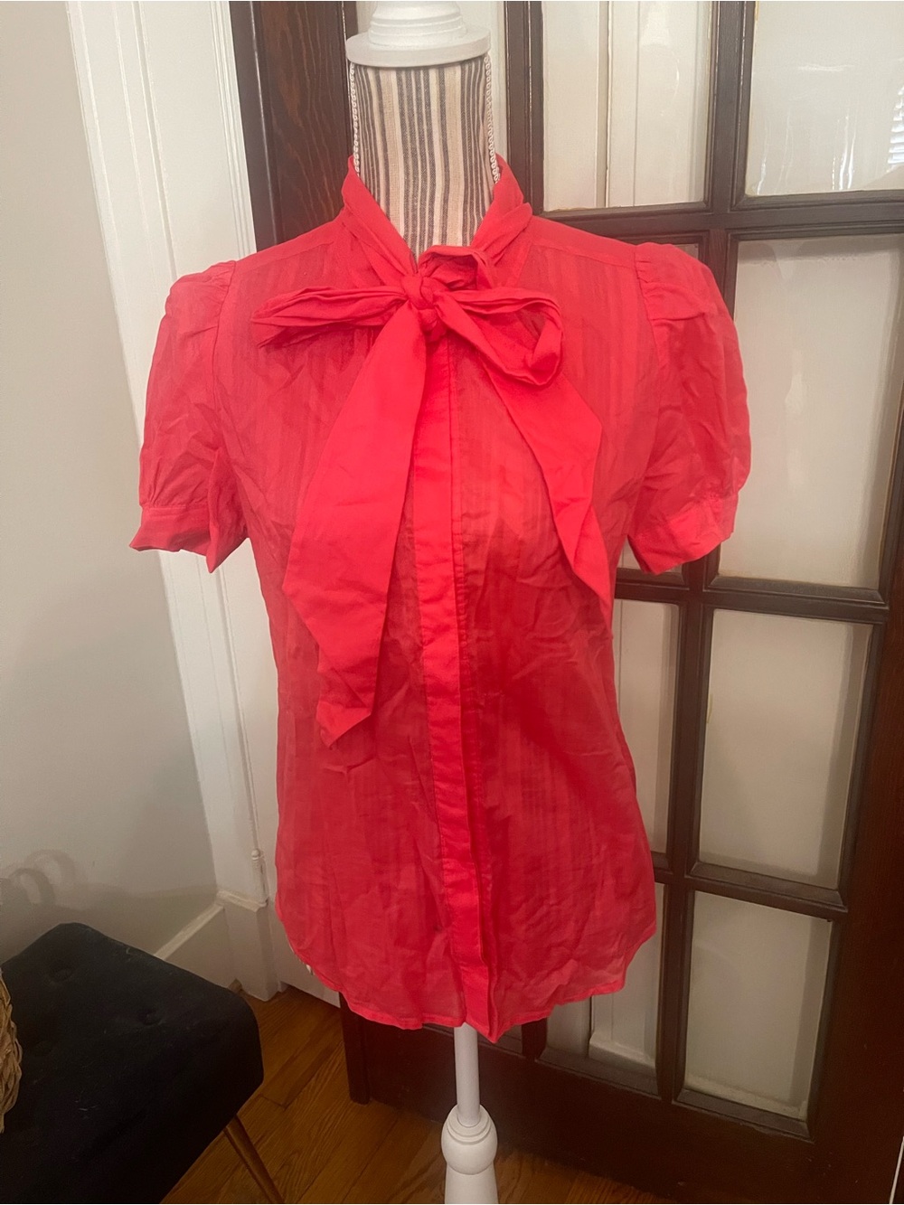 French Connection Red Tie-Neck Puff Sleeve Blouse